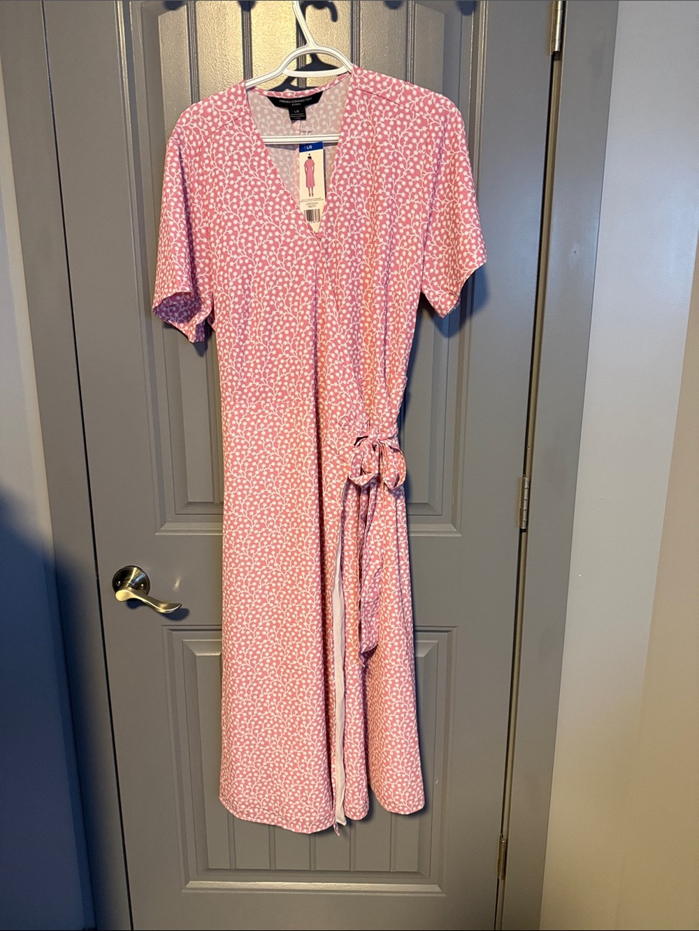 French Connection Pink White Micro-Spot Wrap Midi Dress
